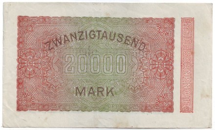 Рейхсбанкнота 20000 марок. 1923 год, Веймарская республика. (Водяной знак - волны). Рейхсбанкнота 20000 марок. 1923 год, Веймарская республика. (Водяной знак - волны).