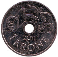 Монета 1 крона. 2011 год, Норвегия. Птица на виноградной лозе. Монета 1 крона. 2011 год, Норвегия. Птица на виноградной лозе.