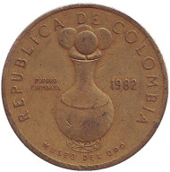 Монета 20 песо, 1982 год, Колумбия. Из обращения. Церемониальный сосуд Кимбайя. Монета 20 песо, 1982 год, Колумбия. Из обращения. Церемониальный сосуд Кимбайя.