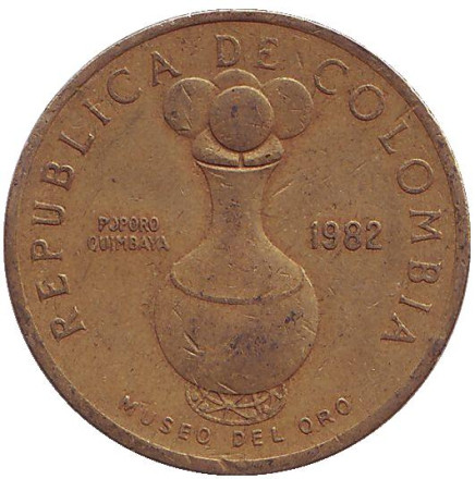 Монета 20 песо, 1982 год, Колумбия. Из обращения. Церемониальный сосуд Кимбайя.