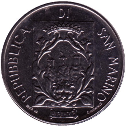 Монета 50 лир. 1988 год, Сан-Марино. Фортификация. Ворота делла Рупе. 