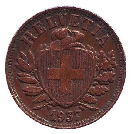 Монета 2 раппена. 1937 год, Швейцария.