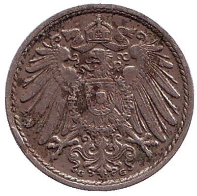 Монета 5 пфеннигов. 1912 год (G), Германская империя. Монета 5 пфеннигов. 1912 год (G), Германская империя.