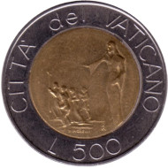 Монета 500 лир. 1991 год, Ватикан. Идите и проповедуйте. Монета 500 лир. 1991 год, Ватикан. Идите и проповедуйте.