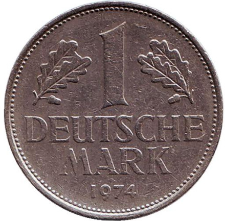 Монета 1 марка. 1974 год (D), ФРГ.