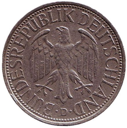 Монета 1 марка. 1974 год (D), ФРГ. Монета 1 марка. 1974 год (D), ФРГ.