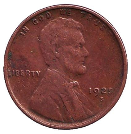 Монета 1 цент. 1925 год (S), США. Линкольн.