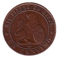 Монета 1 сентимо. 1870 год, Испания. Монета 1 сентимо. 1870 год, Испания.