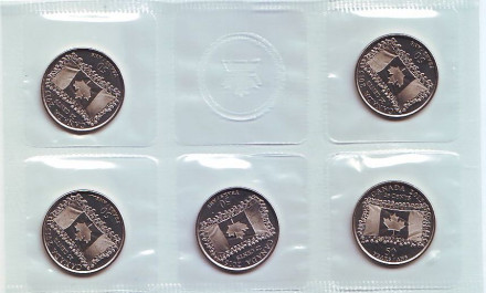 50 лет флагу Канады. Банковский набор из 5 монет в запайке. 25 центов. 2015 год, Канада.