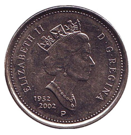 Монета 5 центов. 2002 год, Канада. 50 лет правления Королевы Елизаветы II. Бобр. Монета 5 центов. 2002 год, Канада. 50 лет правления Королевы Елизаветы II. Бобр.