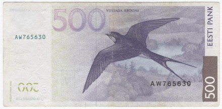 Банкнота 500 крон. 2000 год, Эстония. Карл Роберт Якобсон, деревенская ласточка. AW765630