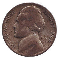 Монета 5 центов. 1945 год (S), США. Джефферсон. Монтичелло. Монета 5 центов. 1945 год (S), США. Джефферсон. Монтичелло.