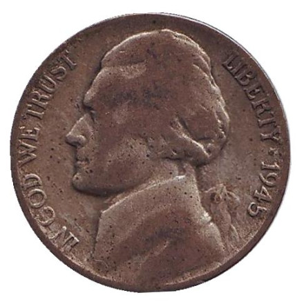 Монета 5 центов. 1945 год (S), США. Джефферсон. Монтичелло.
