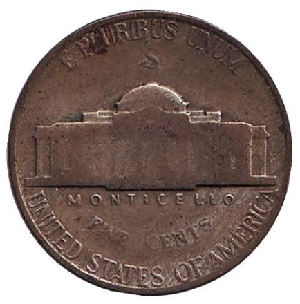Монета 5 центов. 1945 год (S), США. Джефферсон. Монтичелло.