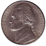 Монета 5 центов. 2000 год (P), США. Джефферсон. Монтичелло. Монета 5 центов. 2000 год (P), США. Джефферсон. Монтичелло.
