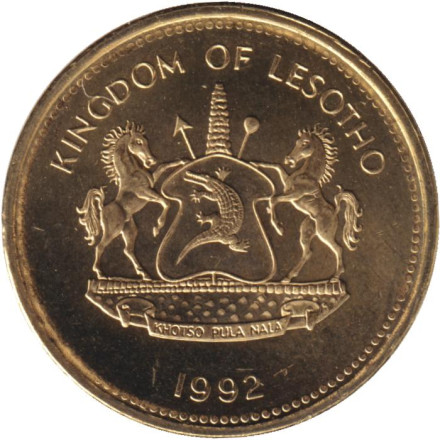 Монета 2 лисенте. 1992 год, Лесото. Корова.