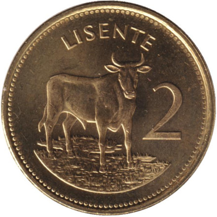 Монета 2 лисенте. 1992 год, Лесото. Корова.