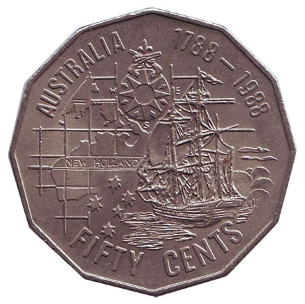 Монета 50 центов. 1988 год, Австралия. Из обращения. 200 лет открытию Австралии.