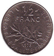 Монета 1/2 франка. 1975 год, Франция. Монета 1/2 франка. 1975 год, Франция.