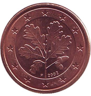 Монета 1 цент. 2002 год (F), Германия.