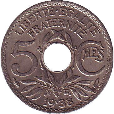 Монета 5 сантимов. 1938 год, Франция. (без точек вокруг даты)