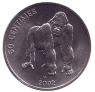 Монета 50 сантимов. 2002 год, Конго. Горилла. Монета 50 сантимов. 2002 год, Конго. Горилла.