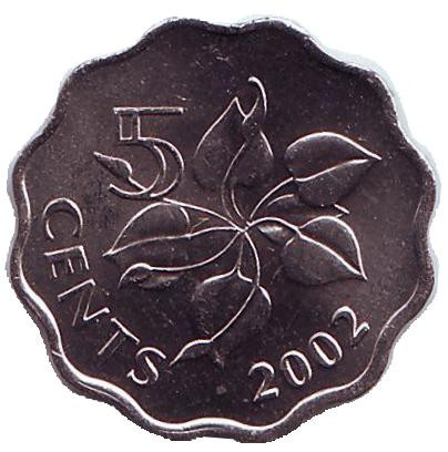 Монета 5 центов. 2002 год, Свазиленд. Орхидея.