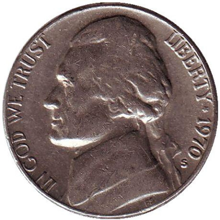 Монета 5 центов. 1970 год (S), США. Джефферсон. Монтичелло.