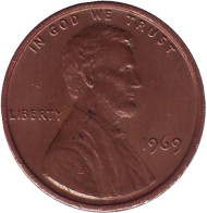 Монета 1 цент. 1969 год (P), США. Линкольн. Монета 1 цент. 1969 год (P), США. Линкольн.