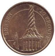 Монета 20 крон. 2003 год, Дания. Башня Фондовой биржи Борсен в Копенгагене. Монета 20 крон. 2003 год, Дания. Башня Фондовой биржи Борсен в Копенгагене.