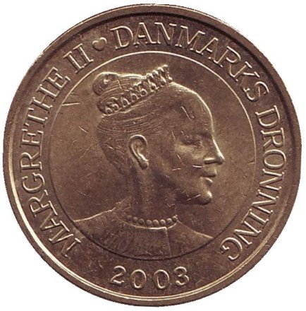 Монета 20 крон. 2003 год, Дания. Башня Фондовой биржи Борсен в Копенгагене.