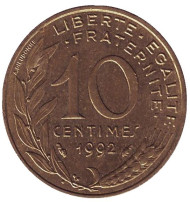 Монета 10 сантимов. 1992 год, Франция. Монета 10 сантимов. 1992 год, Франция.
