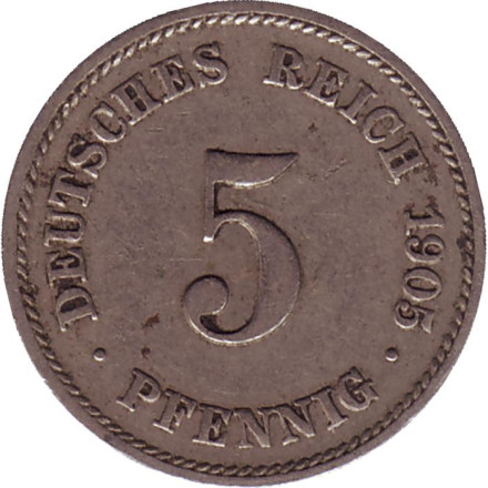Монета 5 пфеннигов. 1905 год (Е), Германская империя.
