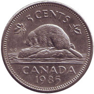 Монета 5 центов, 1985 год, Канада. Бобр. Монета 5 центов, 1985 год, Канада. Бобр.