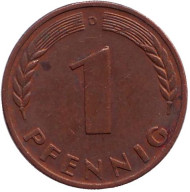 Монета 1 пфенниг. 1966 год (D), ФРГ. Дубовые листья. Монета 1 пфенниг. 1966 год (D), ФРГ. Дубовые листья.