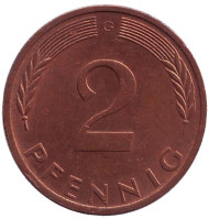 Монета 2 пфеннига. 1975 год (G), ФРГ. Дубовые листья. Монета 2 пфеннига. 1975 год (G), ФРГ. Дубовые листья.