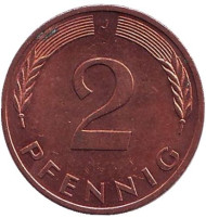 Монета 2 пфеннига. 1994 год (J), ФРГ. Дубовые листья. Монета 2 пфеннига. 1994 год (J), ФРГ. Дубовые листья.