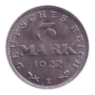Монета 3 марки. 1922 год (E), Веймарская республика. 3-я годовщина Веймарской конституции. Монета 3 марки. 1922 год (E), Веймарская республика. 3-я годовщина Веймарской конституции.