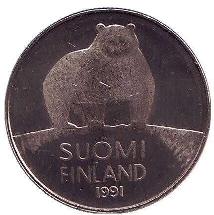 Монета 50 пенни. 1991 год, Финляндия. UNC. Медведь.