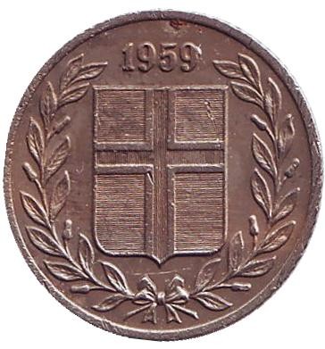 Монета 25 аураров. 1959 год, Исландия.