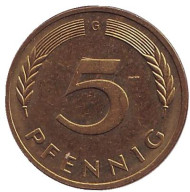 Монета 5 пфеннигов. 1994 год (G), ФРГ. Дубовые листья. Монета 5 пфеннигов. 1994 год (G), ФРГ. Дубовые листья.