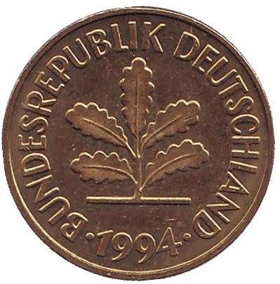 Монета 5 пфеннигов. 1994 год (G), ФРГ. Дубовые листья. Монета 5 пфеннигов. 1994 год (G), ФРГ. Дубовые листья.