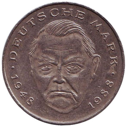 Монета 2 марки. 1990 год (F), ФРГ. Людвиг Эрхард.