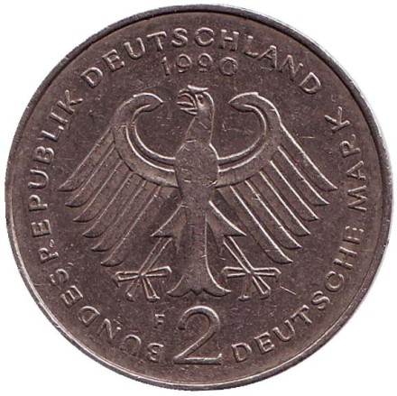 Монета 2 марки. 1990 год (F), ФРГ. Людвиг Эрхард.