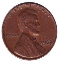 Монета 1 цент. 1963 год (P), США. Линкольн. Монета 1 цент. 1963 год (P), США. Линкольн.