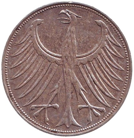 Монета 5 марок. 1969 год (D), ФРГ. Монета 5 марок. 1969 год (D), ФРГ.