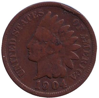 Монета 1 цент. 1904 год, США. Индеец.