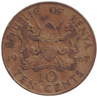 Монета 10 центов. 1967 год, Кения. Монета 10 центов. 1967 год, Кения.