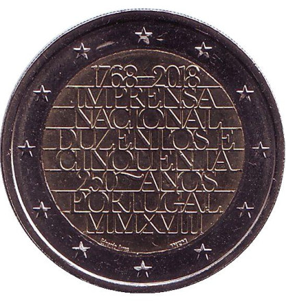 Монета 2 евро. 2018 год, Португалия. 250 лет Национальной типографии (Монетному двору Португалии).
