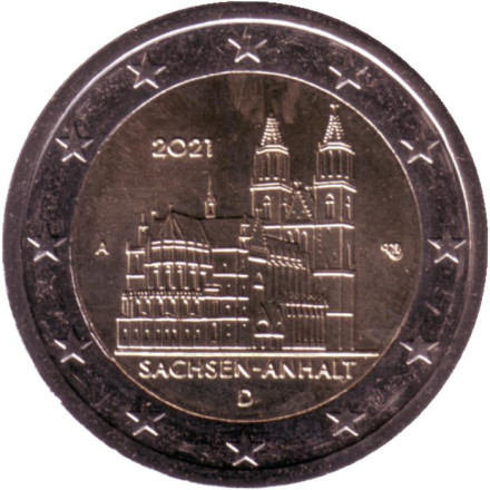 Монета 2 евро. 2021 год, Германия. Магдебургский собор. Саксония-Анхальт.